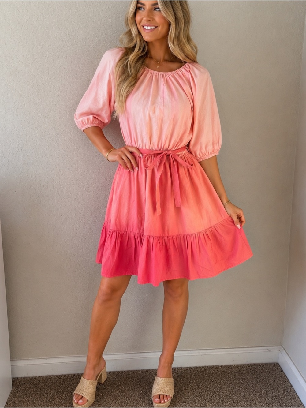 Tuckernuck Oliphant Ombré Puff Sleeve Belted Coral Pink Mini Dress Size Medium